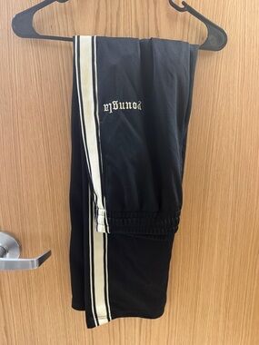 Mens YoungLa Black Track Pants with Cream Side Stripe